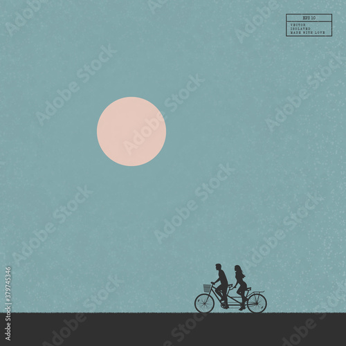 Couple on bike tandem silhouette. Lovers on bicycle. Blue background