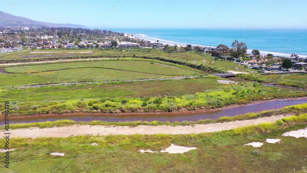 Aerial marsh wetlands with ocean and beach area near Carpinteria, Santa Barbara, California. Aerial marsh wetlands with ocean and beach area near Carpinteria, Santa Barbara, California.