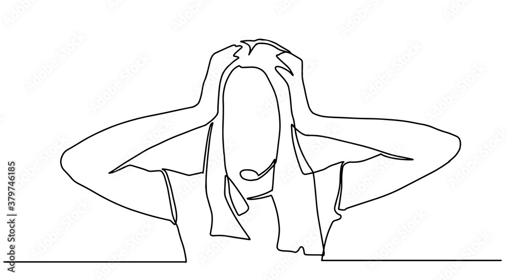 Vetor de Woman holds her head. Person holds his head, forehead with