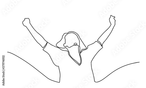 Continuous line drawing of cheering woman holding fists. Happy young woman celebrating success one line drawing. Vector illustration