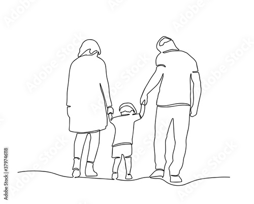 Continuous one line drawing of family vector, Concept of father, mother, and son. Parents help their kid walking. Continuous line drawing of happy family father, mother and one child playing