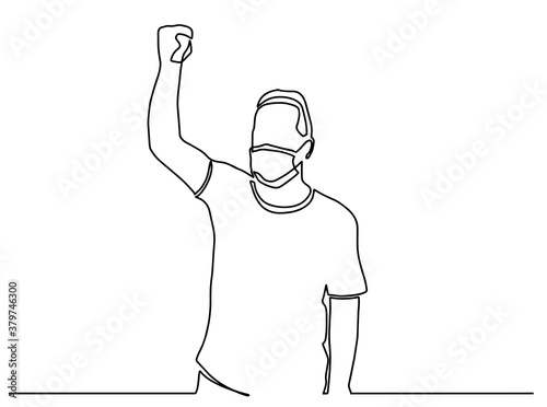 Man wearing face mask protesting and giving slogans one line drawing. Demonstrator protesting in the city.Protesting on the street with fist raised in air
