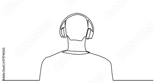 Continuous single drawn one line. Man listens to music with headphones hand-drawn picture silhouette. Line art. doodle. One continuous single drawn line art doodle headphone man, music.