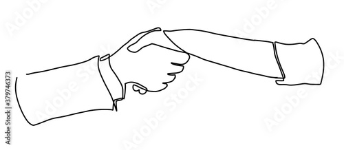Hand shaking hands continuous line vector drawing. Business agreements vector concept. Two businessmen shaking hands. Continuous one line drawing illustration vector