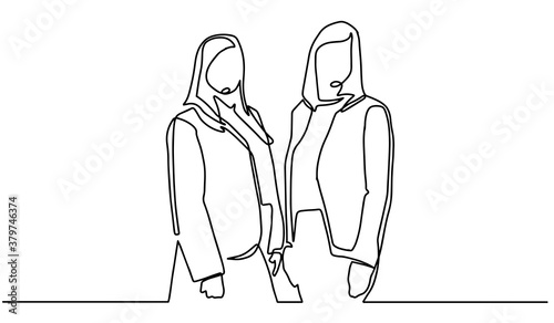 Single continuous line drawing of two woman startup founders have a business talk. Business chat concept one line draw design illustration