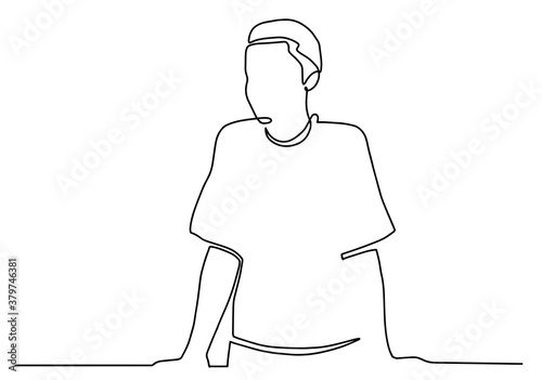 One line drawing of a woman with short hair. continuous line illustration of a standing woman at a desk. Vector illustration.