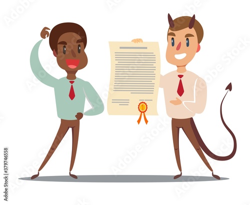 Evil businessman offering contract. Devil's contract. Vector illustration