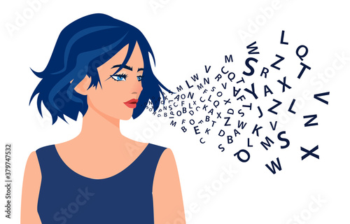 Vector of a woman talking with alphabet letters coming out of her mouth.