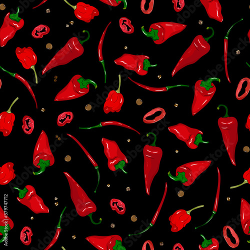 red hot peppers seamless pattern.Background with chili, jalapenos for menu, packaging, wrappers, fabrics.