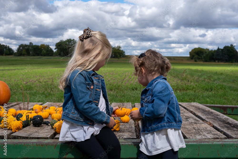 Εκτύπωση καμβά Children at a pumpkin farm in autumn