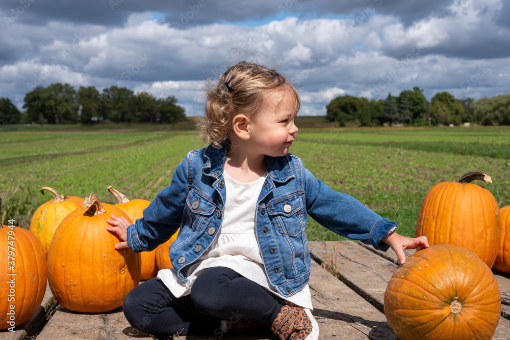 Φωτογραφία Toddler girl sitting on a wagon with pumpkins in the countryside