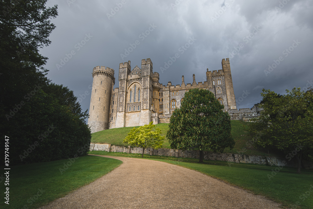 Arundel Castle, West Sussex. Summer 2020 shot on a cloudy sunny day. Large medieval fortress in the South of England