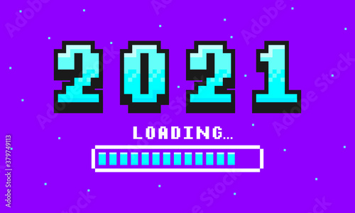 2021 pixel art banner for New Year. 2021 numbers in 8-bit retro games style and loading bar. Pixelated happy New Year and Merry Christmas holiday card or banner. Vector.