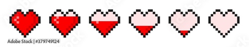 Pixel heart with game life bar. Pixel art hearts icons and health bar. Symbols set in 8 bit styles. Vector.
