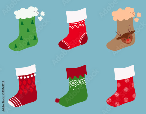 Set of christmas stockings. Holiday decor items in flat style.