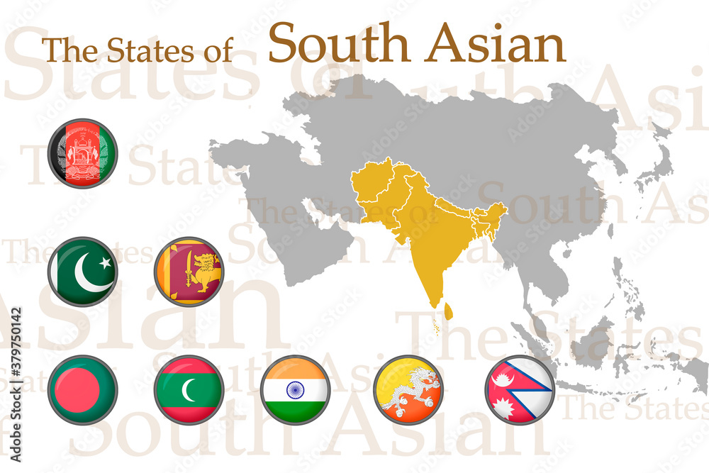 Naklejka premium Set of icons for the flags of the countries of South Asia. Vector image of flags and geographical map of Asia on a white background. You can use it to create a website, print brochures, booklets.