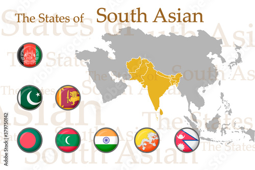 Set of icons for the flags of the countries of South Asia. Vector image of flags and geographical map of Asia on a white background. You can use it to create a website, print brochures, booklets.