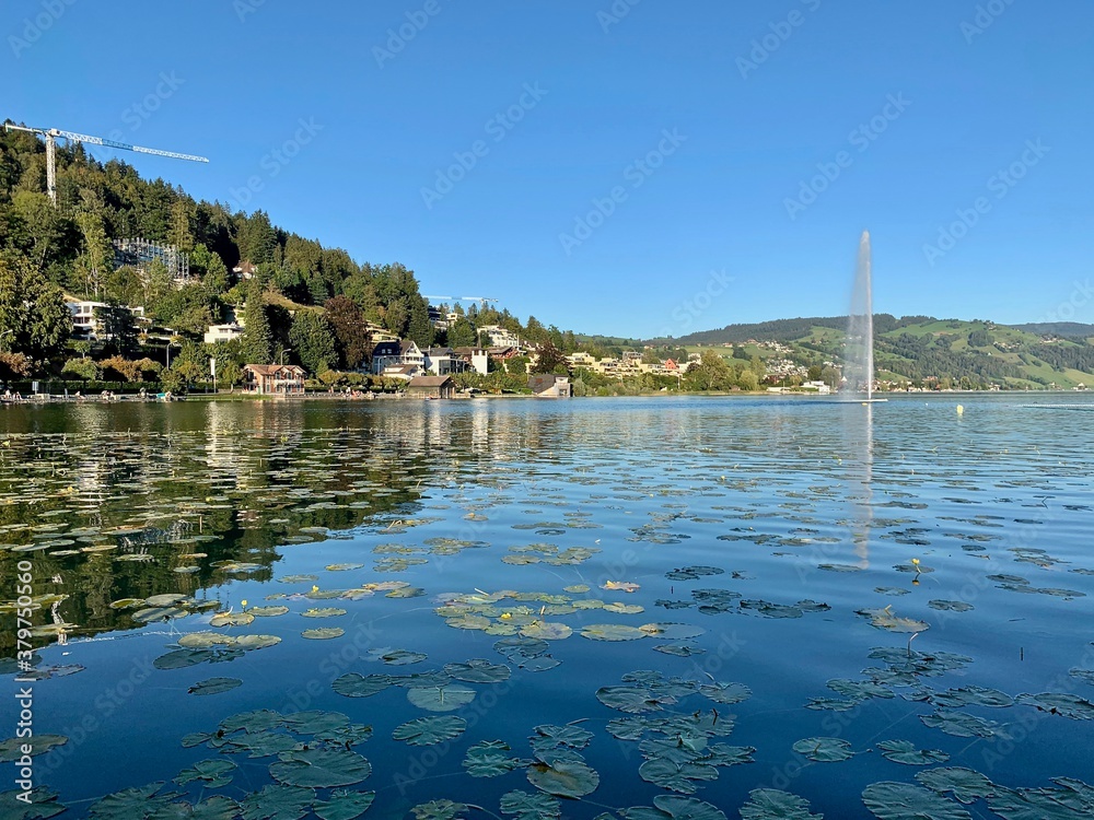 Fototapeta premium Ägerisee / Aegerisee im Kanton Zug - Blick von Unterägeri auf den See mit Wasser Fontäne