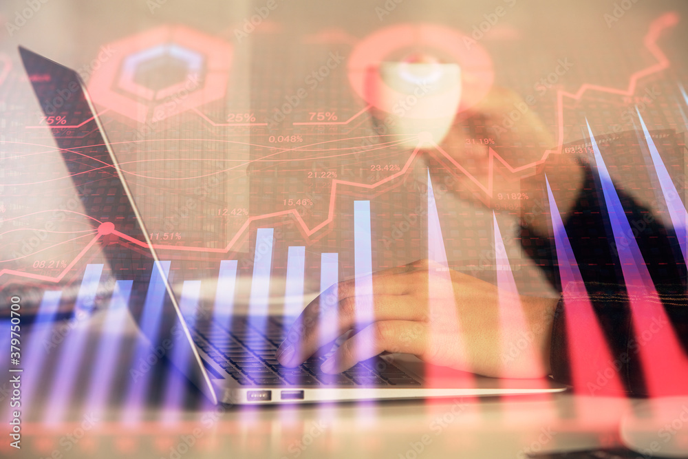 Double exposure of businesswoman hands typing on computer and forex graph hologram drawing. Financial analysis concept. Double exposure of businesswoman hands typing on computer and forex graph hologram drawing. Financial analysis concept.