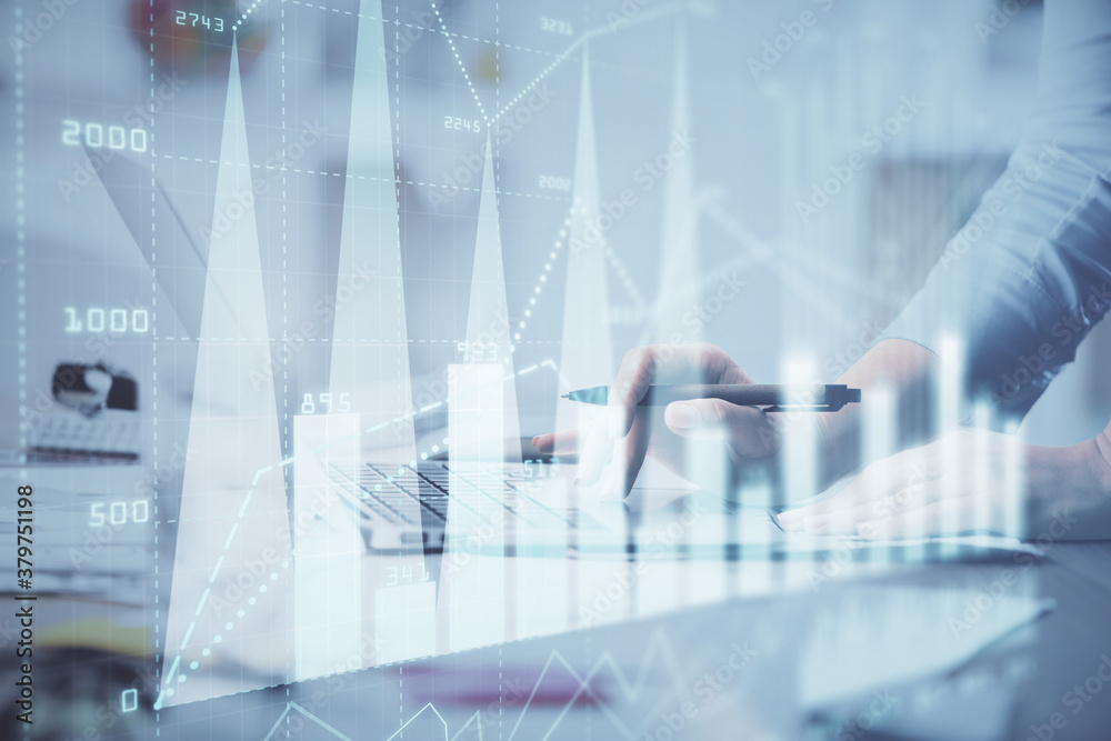 Multi exposure of woman hands typing on computer and financial chart hologram drawing. Stock market analysis concept. Multi exposure of woman hands typing on computer and financial chart hologram drawing. Stock market analysis concept.