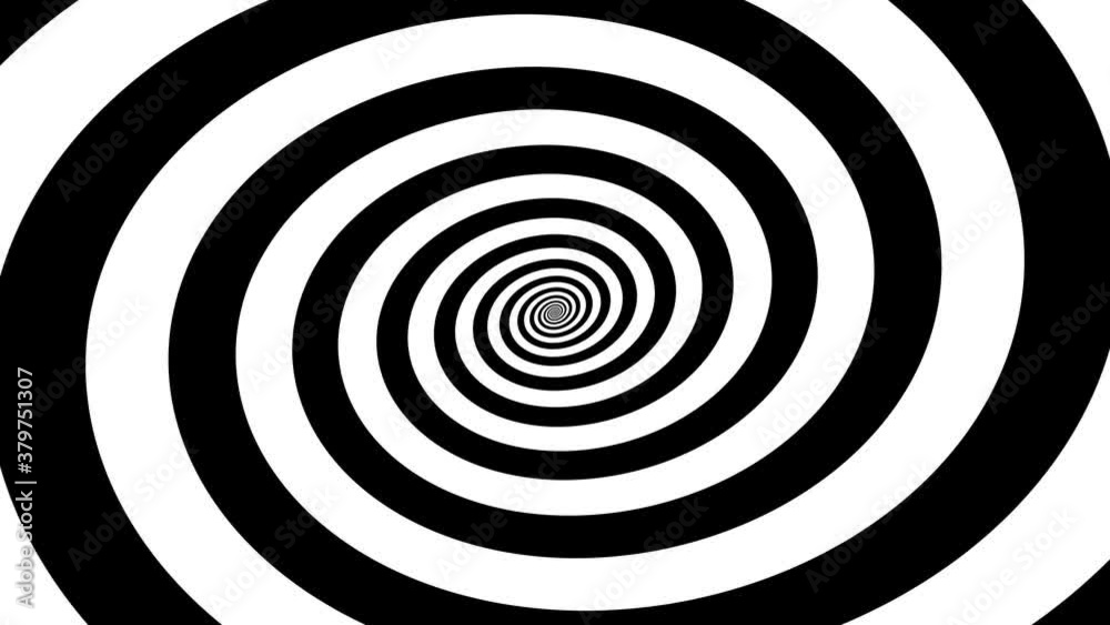 Moving through rotating spiral. Hypnosis concept in minimal style. Hypnotic optical illusion. Abstract background in black and white colors. Dizzy concentric pattern. Seamless loop animation.