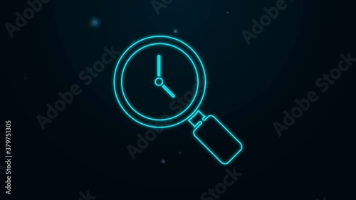 Glowing neon line Magnifying glass with clock icon isolated on black background. 4K Video motion graphic animation
