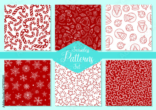 set of 6 christmas seamless patterns on white and red background for wrapping paper, textile and fabric prints, packaging, scrapbooking, stationery, etc. EPS 10