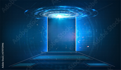 Fototapeta Naklejka Na Ścianę i Meble -  Sci fi tech cyber futuristic design concept background. Door on neon glowing futuristic background. New technologies coming to human life, high-tech. Vector illustration