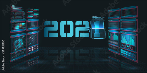 Digital banner 2021 Happy New Year on blue background with HUD,GUI, UX interface. Futuristic background for your design.Technology background. Digital data visualization. Hi-tech concept innovation