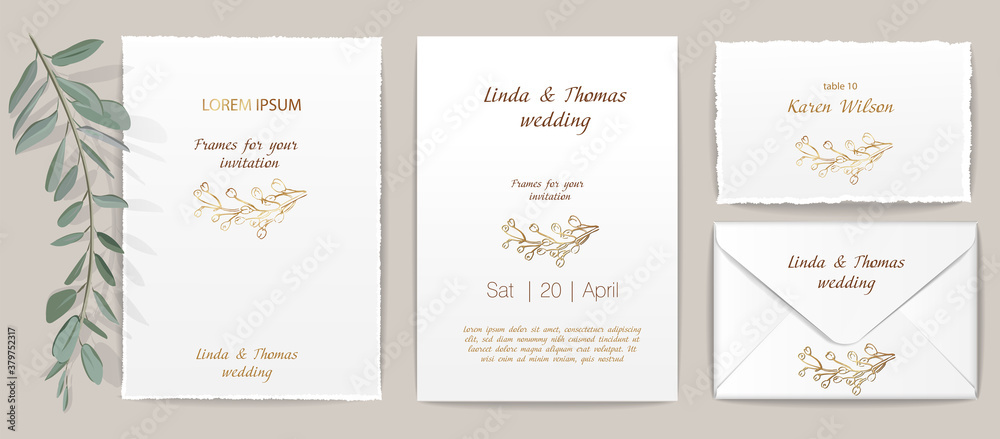 Wedding invitation or greeting card and business card with gold geometrical frames, transparent light effects and wedding flowers. Golden brilliants elements and flowers isolated on background