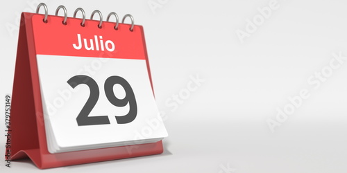 July 29 date written in Spanish on the flip calendar, 3d rendering