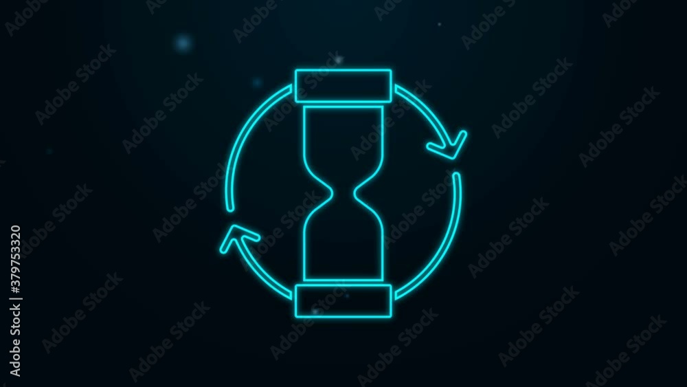 Glowing neon line Old hourglass with flowing sand icon isolated on black background. Sand clock sign. Business and time management concept. 4K Video motion graphic animation Glowing neon line Old hourglass with flowing sand icon isolated on black background. Sand clock sign. Business and time management concept. 4K Video motion graphic animation