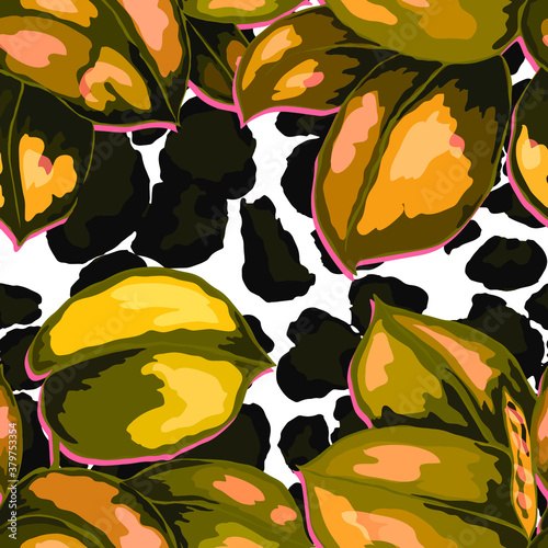 Tropical seamless pattern on animalistic texture. Jungle exotic summer print. Summer tropical leaf. Tropical flower fashion pattern. Floral tropic illustration. Vector seamless pattern.