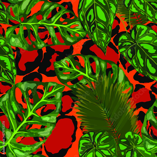 Tropical seamless pattern on animalistic texture. Jungle exotic summer print. Summer tropical leaf. Tropical flower fashion pattern. Floral tropic illustration. Vector seamless pattern.