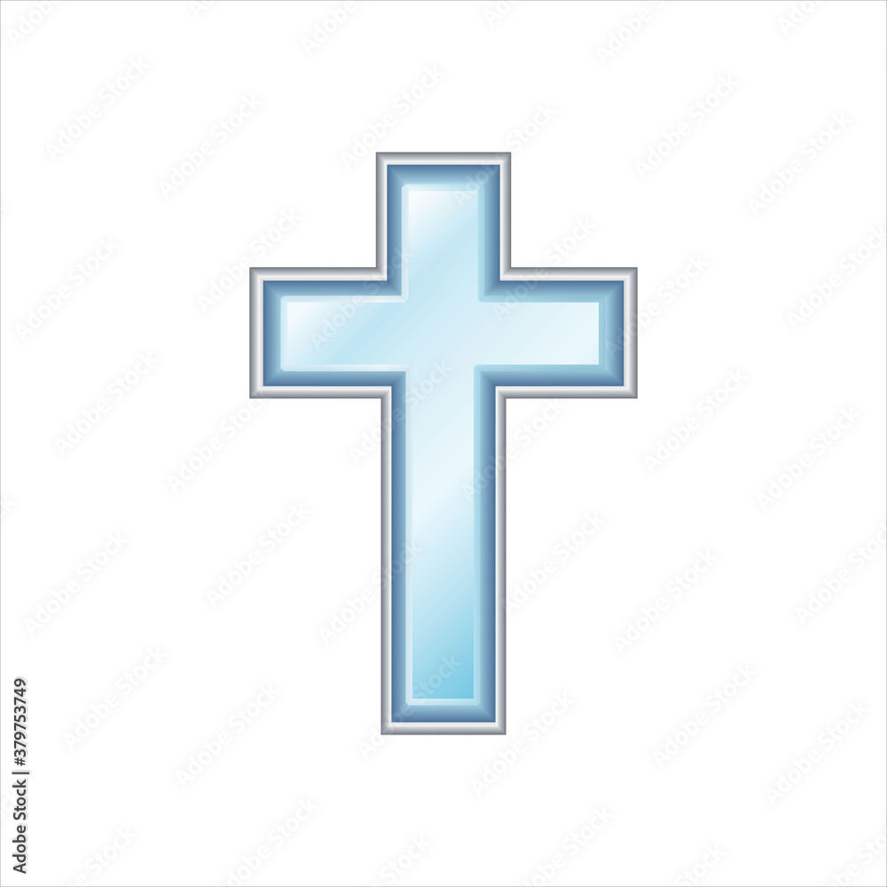 Blue Christian cross. Sapphire with silver frame. Realistic illustration  isolated on white background
