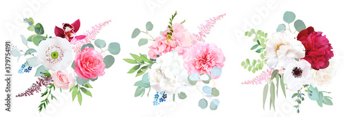 Pink hydrangea  rose  white peony  anemone  ochid and greenery