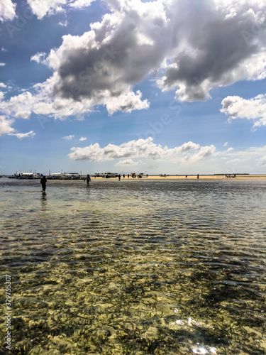 Virgin Island beach in swallow water with dark water grasses and stunning clouds