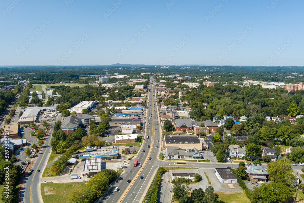 Aerial view of Route 355 (N. Frederick Ave.) in Gaithersburg, Montgomery County, Maryland. Sugarloaf Mountain is on the horizon.
