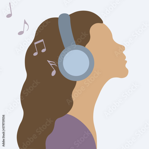 Women with headphones, music notes on background, vector illustration.