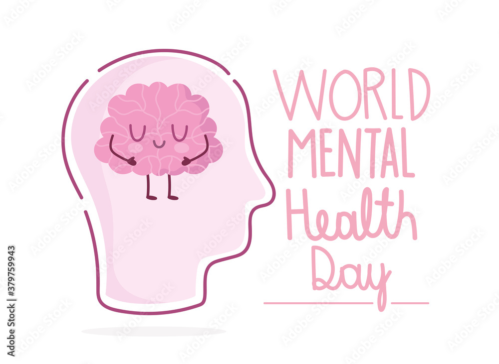 world mental health day, human head cartoon brain and hand drawn lettering