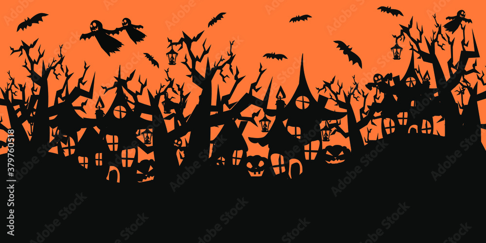 Halloween evil pumpkins, black houses, trees, bats on an orange background for Happy Halloween party or design.
