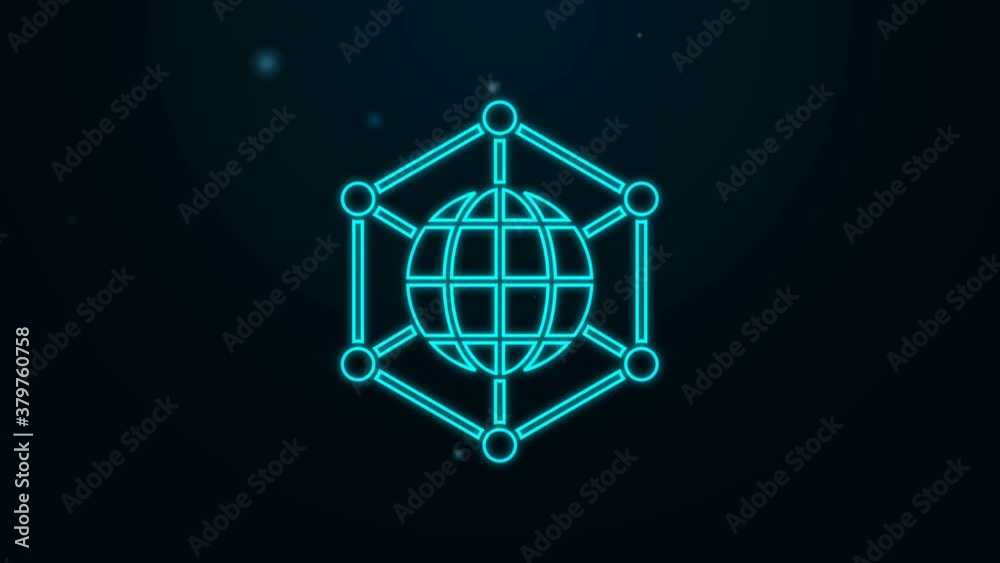 Glowing neon line Global technology or social network icon isolated on black background. 4K Video motion graphic animation