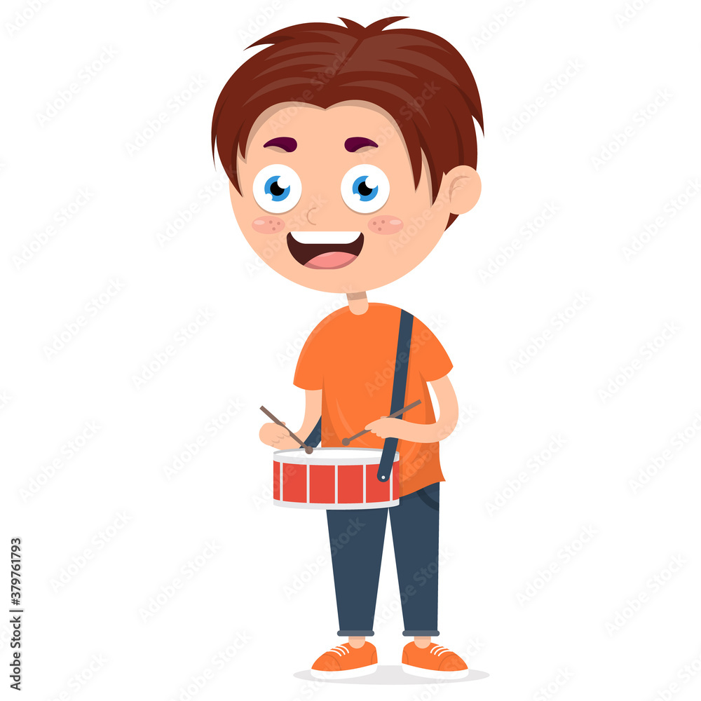 happy boy playing drum, little drummer on music performance, cartoon vector illustration on a white background