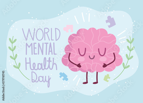 world mental health day, inscription cartoon brain puzzles foliage