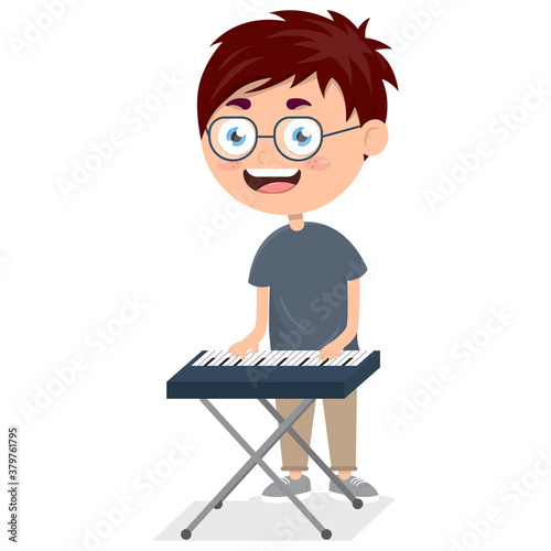 happy boy playing piano, little pianist on music performance, cartoon vector illustration on a white background.