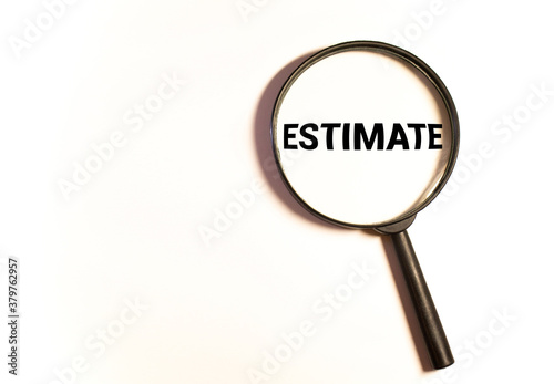 Estimates. The inscription on wooden blocks Through a magnifying glass on a blue background. Isolated. Business.