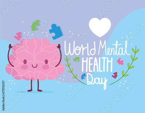 world mental health day, cartoon brain with puzzles heart lettering card
