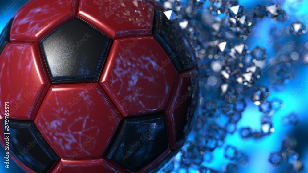 Naklejka premium Red-Black Soccer Ball with diamond particles under blue flare lighting. 3D illustration. 3D CG. 3D high quality rendering.