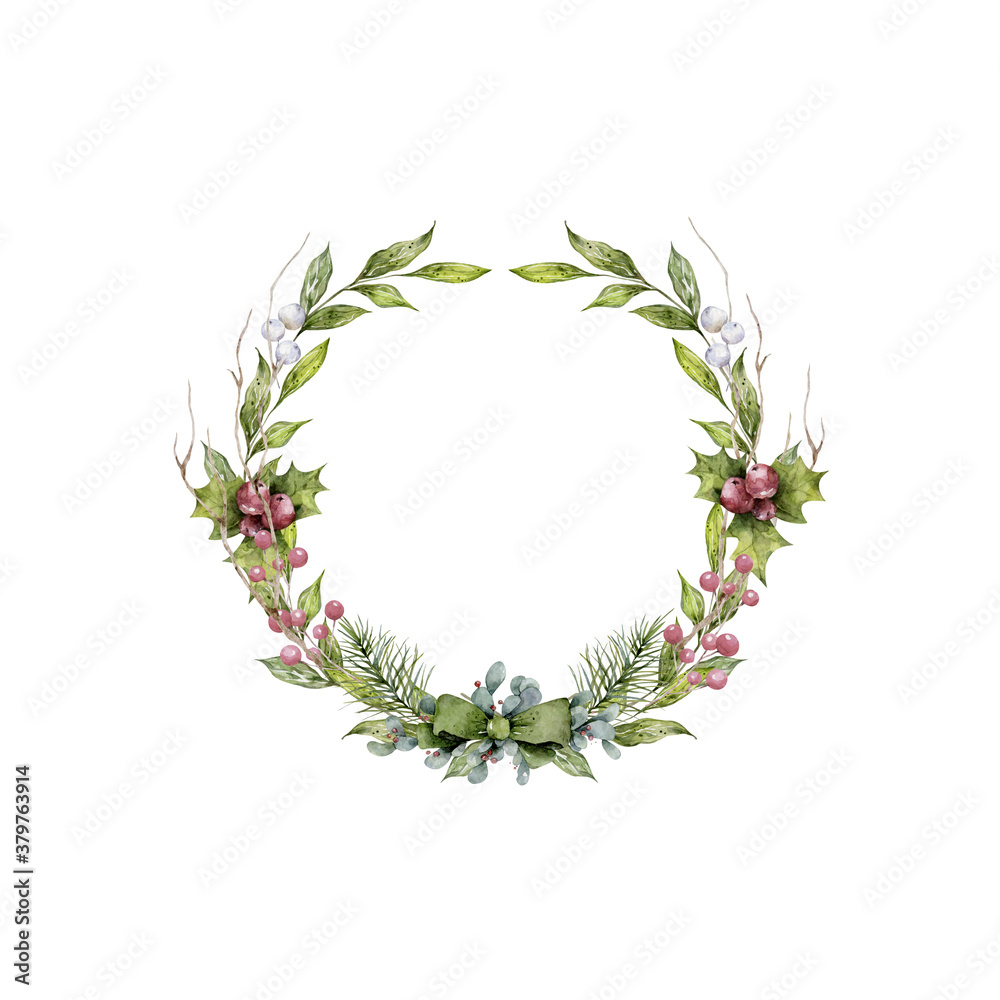 Watercolor Christmas set of wreath with christmas tree spruce branches, flower and berries on a white background isolated. Holiday decoration winter element Scandinavian invitation style Watercolor Christmas set of wreath with christmas tree spruce branches, flower and berries on a white background isolated. Holiday decoration winter element Scandinavian invitation style