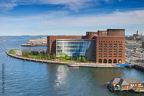 Busy Boston Harbor around the Moakley Federal Courthouse